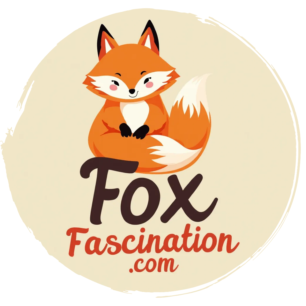 A cartoon fox sits with its tail wrapped around its body. Below are the words "Fox Fascination.com" in two different fonts.