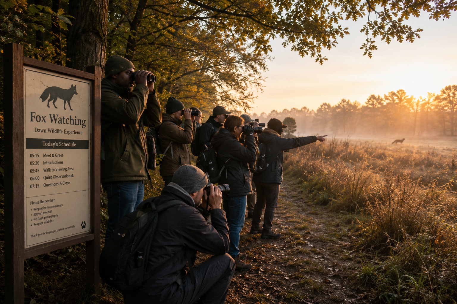 () editorial photograph showing diverse group of wildlife enthusiasts at dawn fox watching event, people with binoculars and